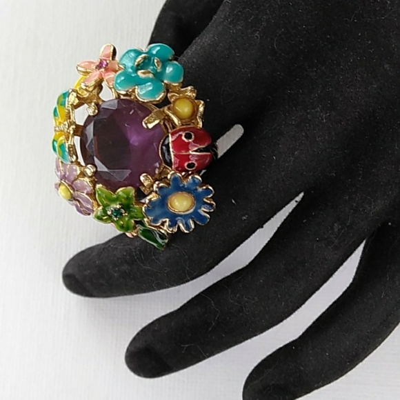 Vintage Jewelry - NOS Enamel Flower Butterfly Ladybug Amethyst Glass